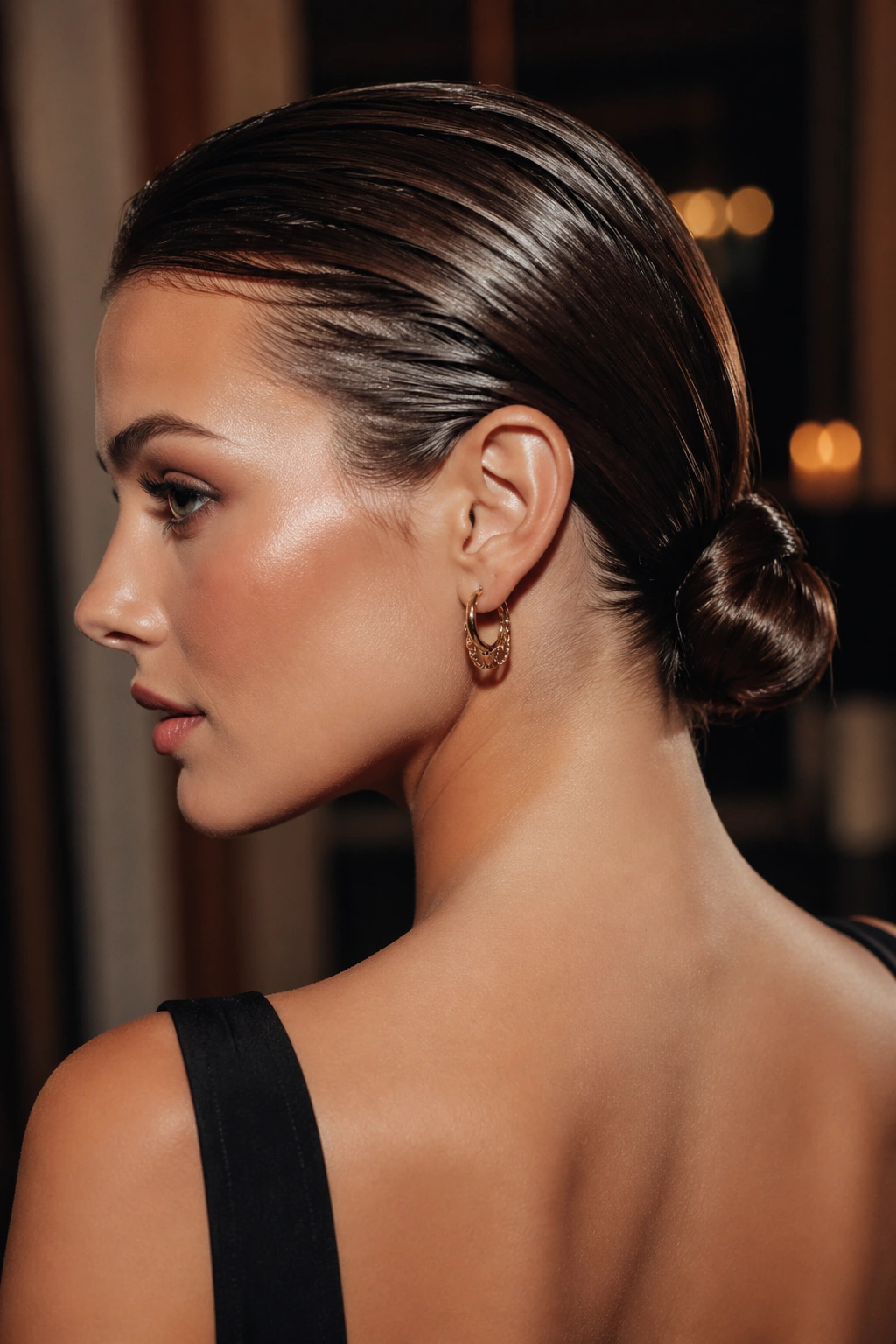 Close-up of a glossy wet-look low bun on a real person