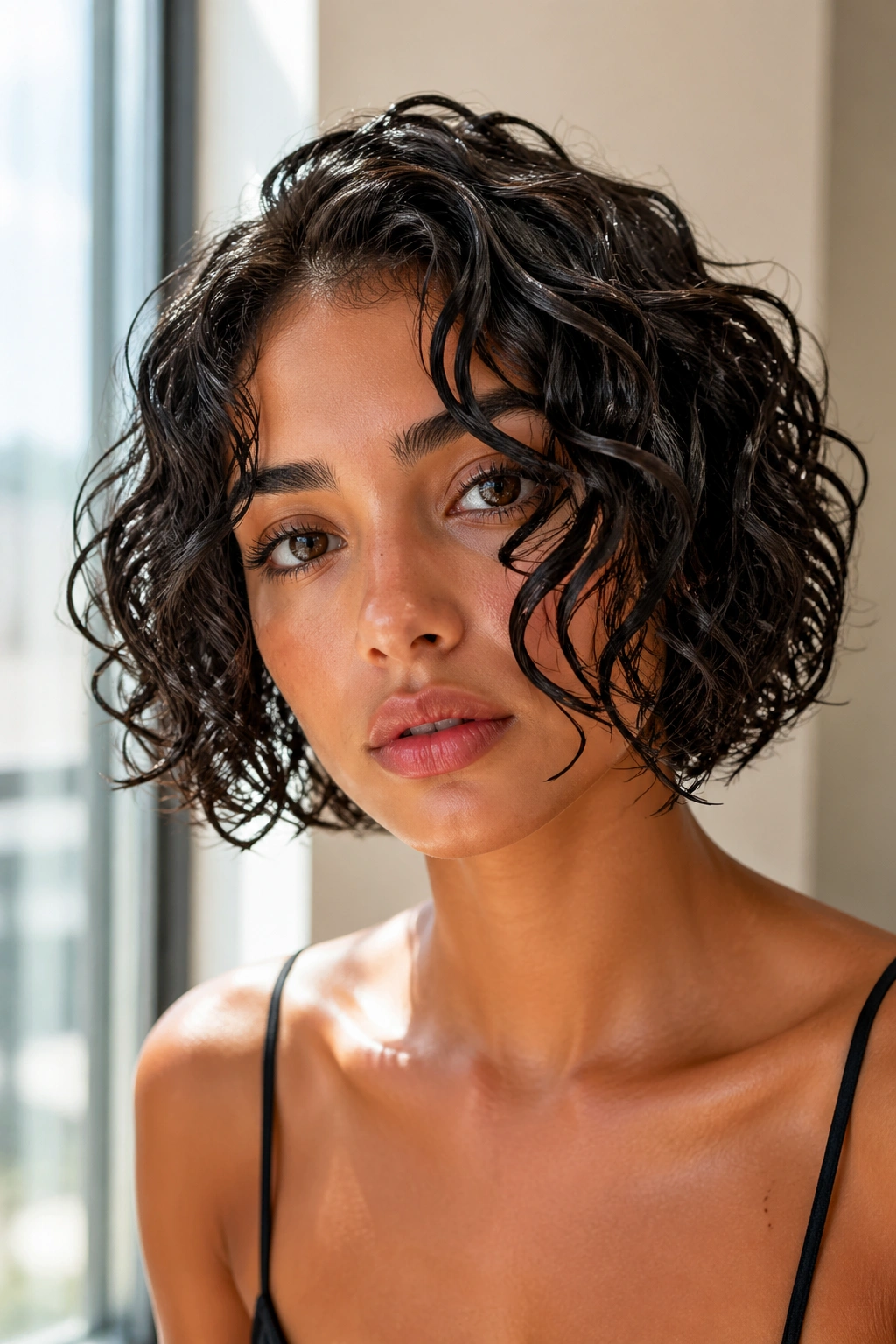 Real woman with wet-look curly bob with glossy curls