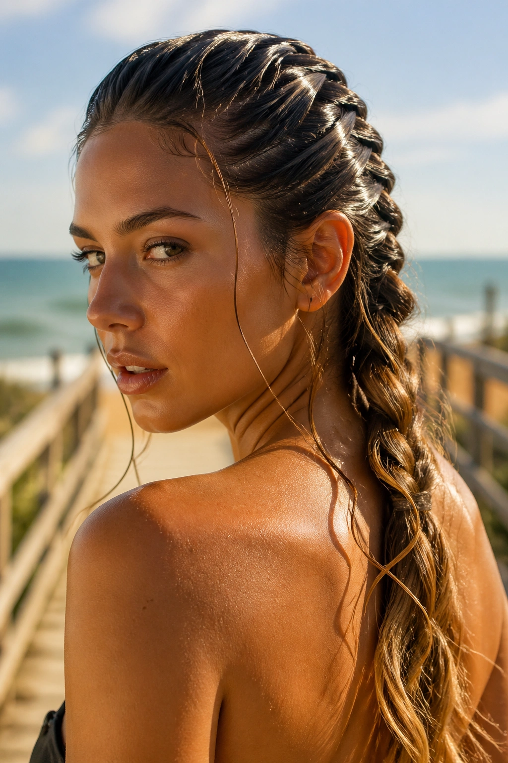 Close-up of a real woman's wet-look mermaid braid with glossy roots and soft ends on a sunlit beach backdrop