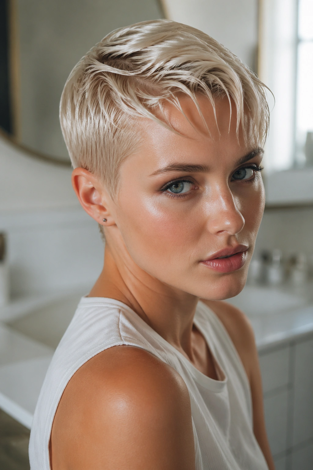 Close-up of a real woman with a wet-look glossy pixie on blonde hair