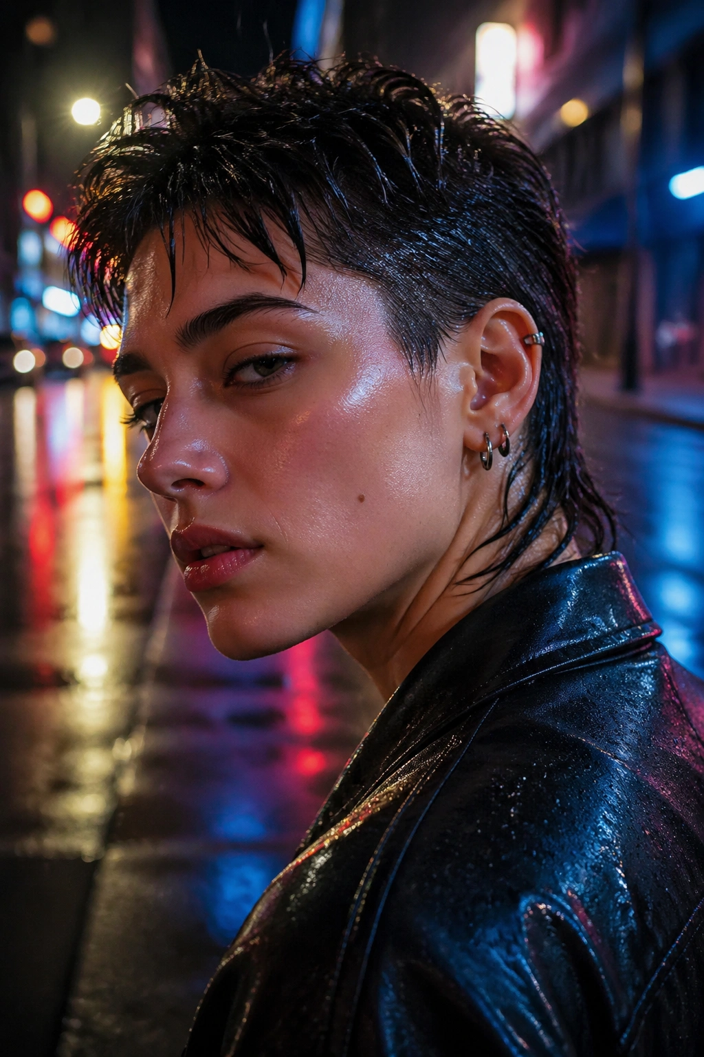 Close-up of a real person with a wet-look pixie mullet on a moody city street