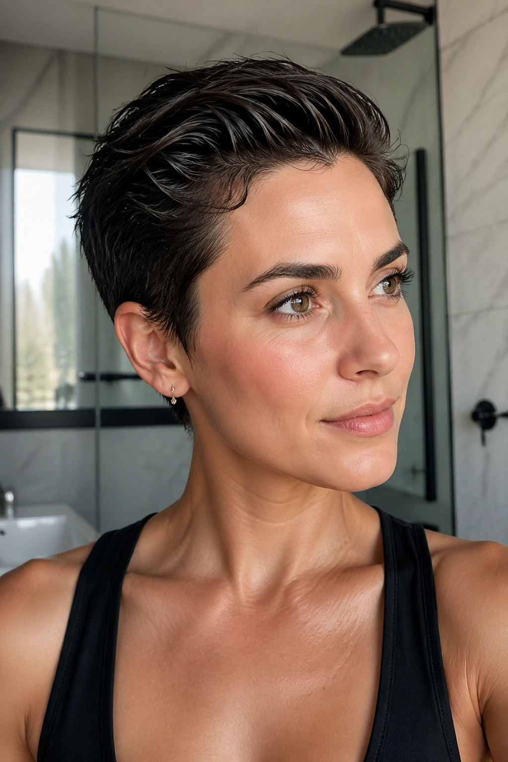 Real woman with a swept-back wet-look pixie in a bright bathroom setting.