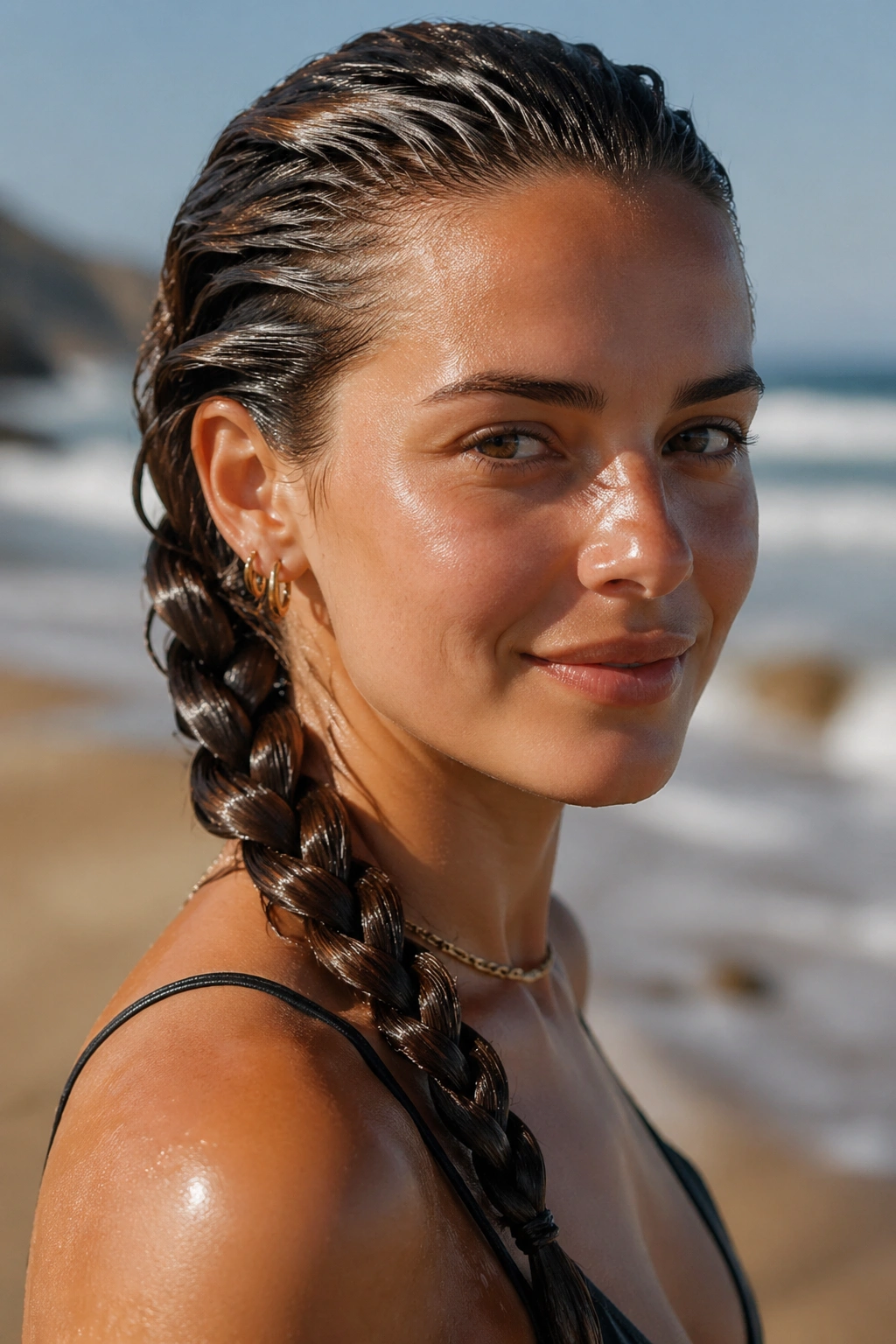 Real woman with wet-look rope braid on the beach