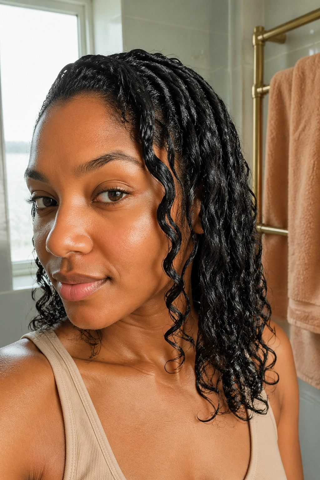 Close-up of a real woman with a wet-set braid-out showing soft definition