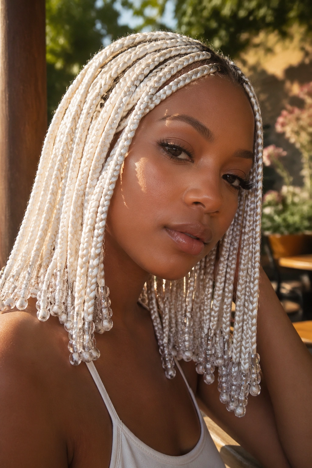 Real woman with white box braids ending in beads in natural sunlight.
