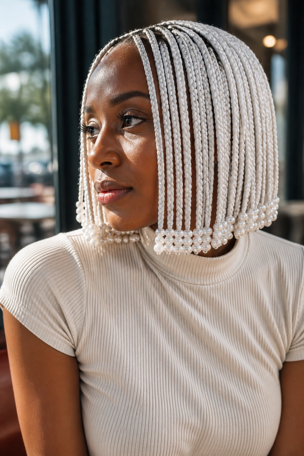 Medium close-up of a real woman with a white box braid bob featuring rounded beads
