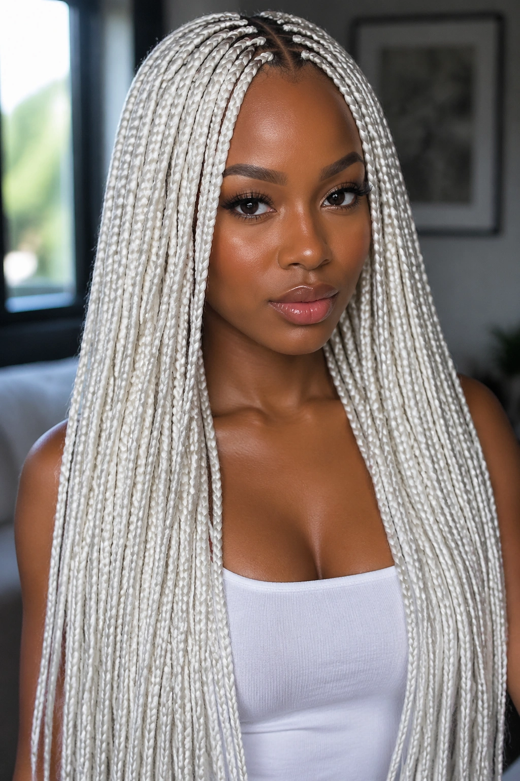 Close-up portrait of waist-length white box braids with center part on a real woman