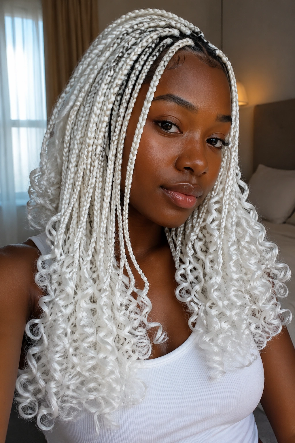 Close-up portrait of a real woman with white box braids featuring curly ends in warm natural light.