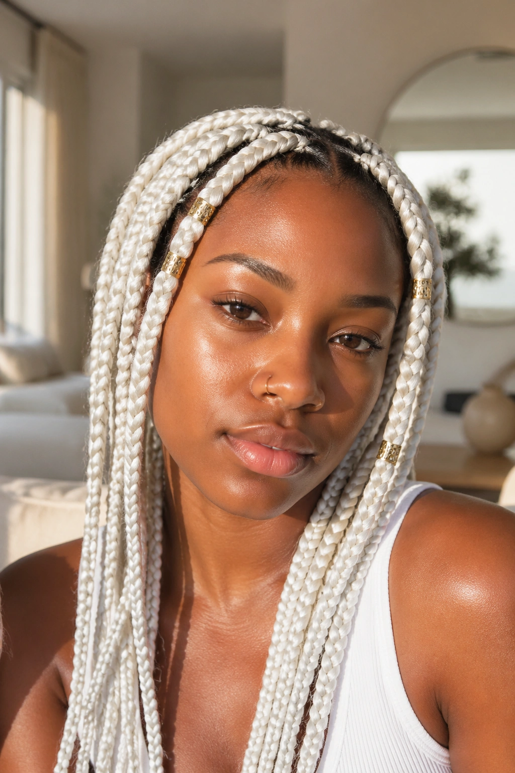 Real woman with white box braids and gold cuffs near the temples in warm light.