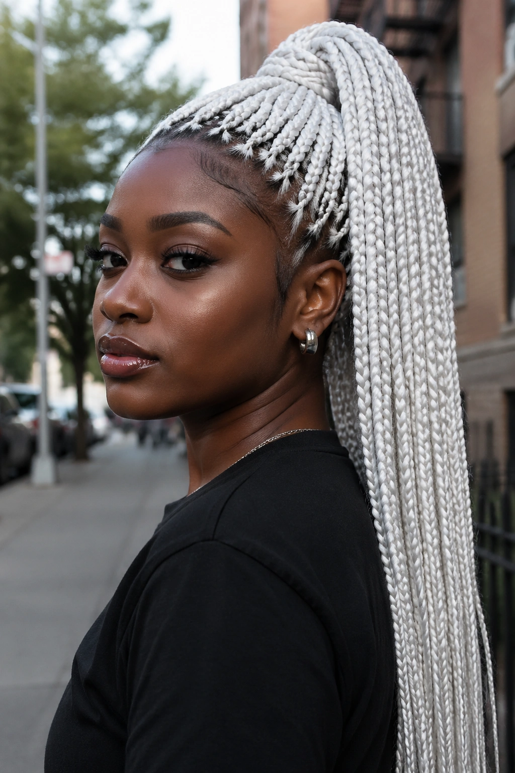 Real woman with white box braids in a high ponytail.
