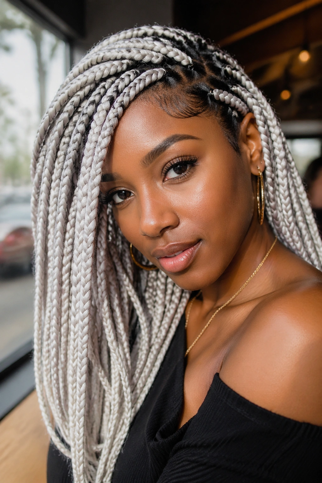 Close-up of a real woman with a deep side-part white box braid sweeping across the face in a cafe setting.