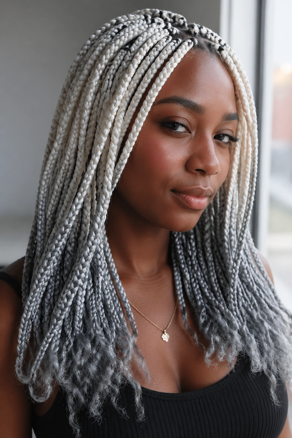 Close-up of a Black woman with white-to-silver ombre box braids fading at the ends.