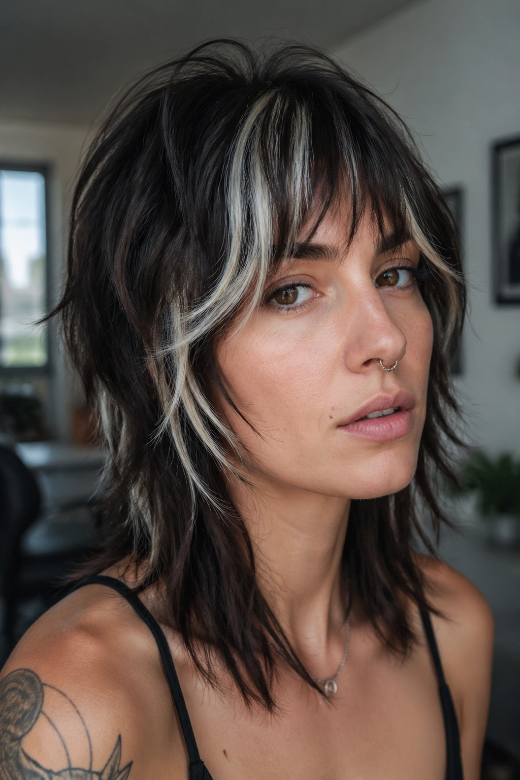 Real person with white ribbons in a shag cut in a portrait