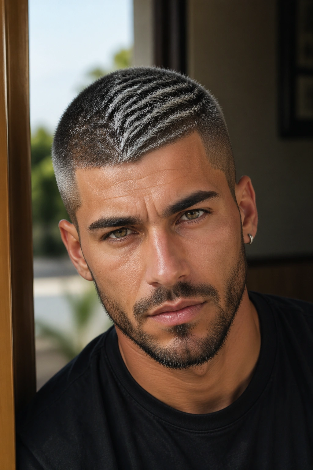 Close-up portrait of a man with white streaks on a buzz cut.