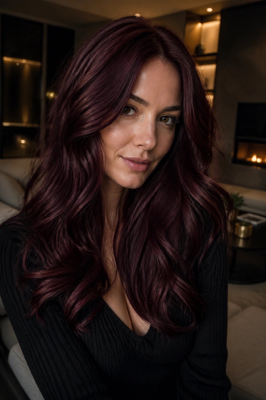 Close-up portrait of a real woman with wine mahogany hair and burgundy undertones