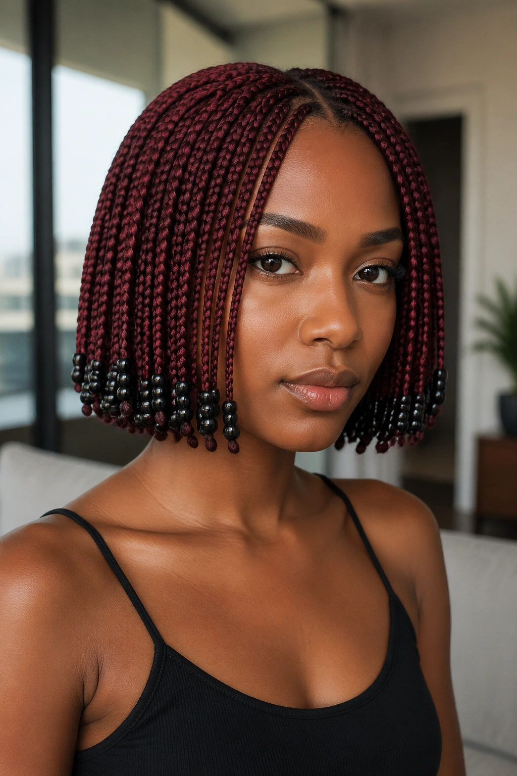 Real person with wine red bob braids and black beads.