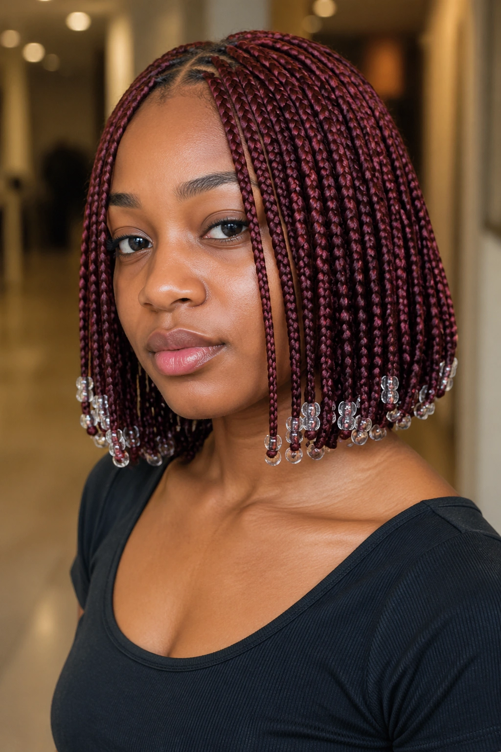Real woman with bob-length wine-red knotless box braids and light beads
