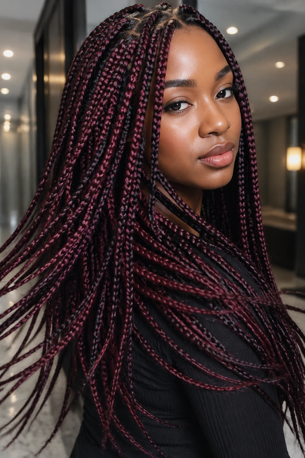 Close-up portrait of a real woman with wine red and black knotless braids.