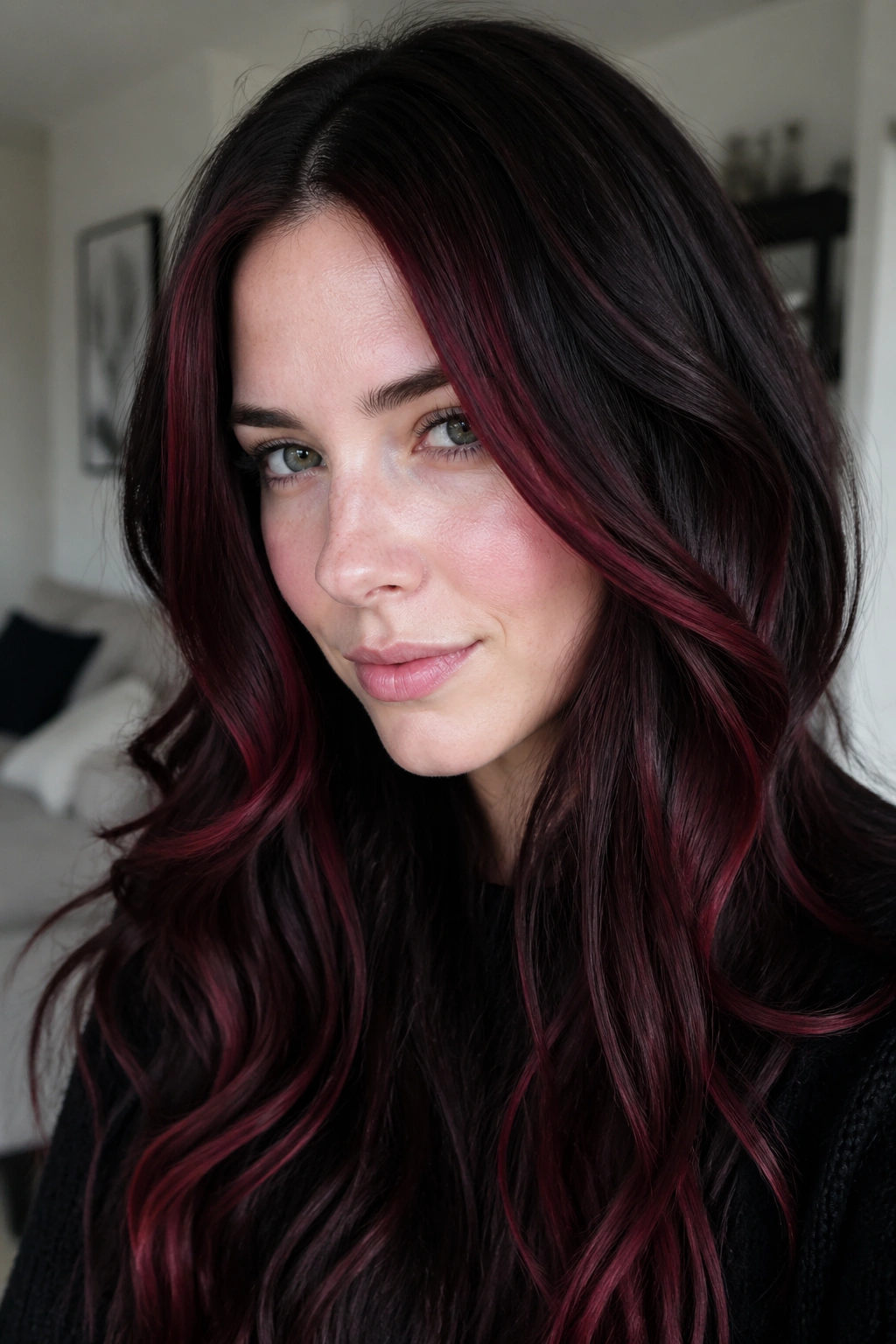 Close-up of dark brown hair with wineberry highlights around face