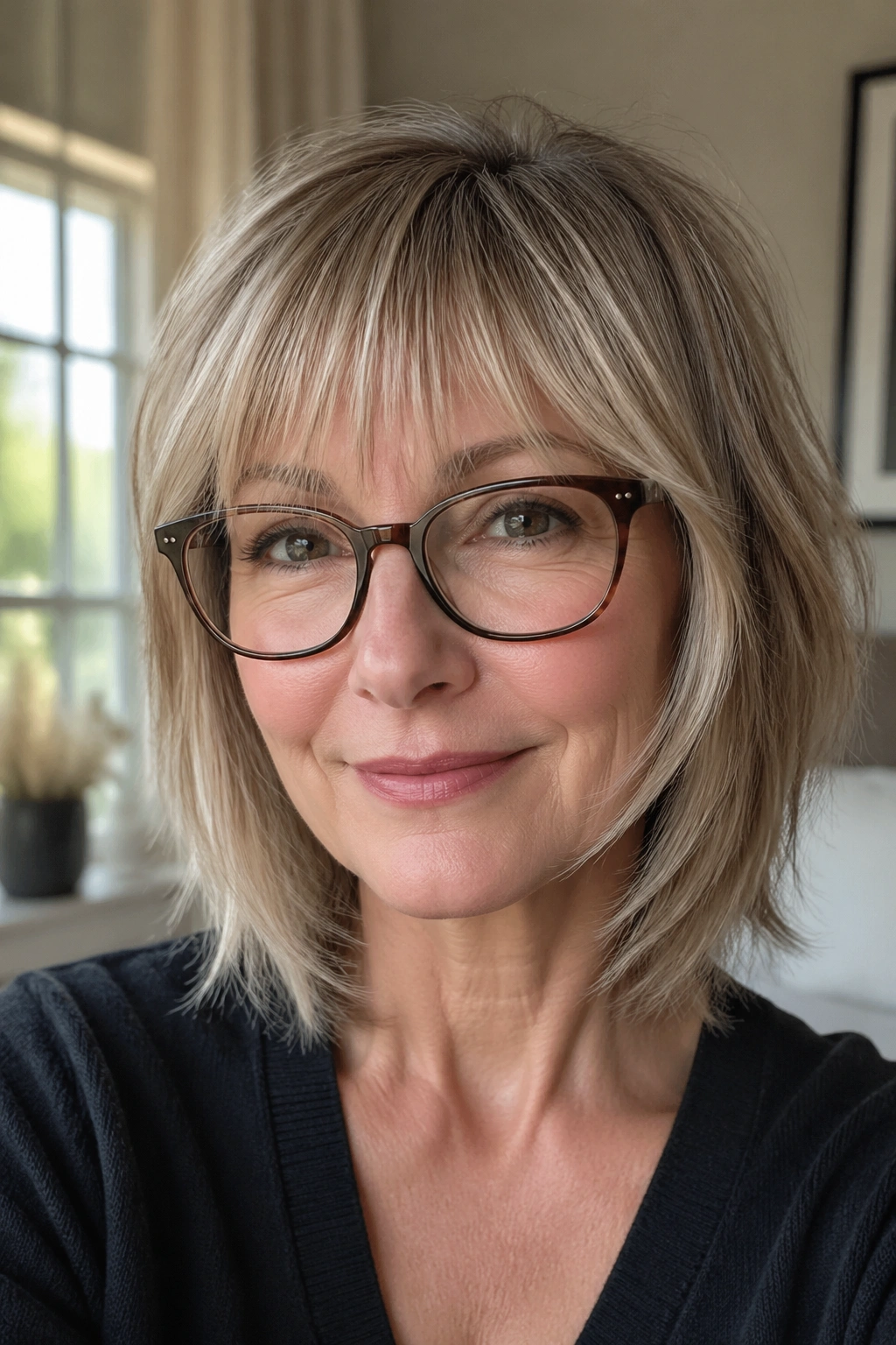 Portrait of a real woman with wispy bangs and glasses, razor-cut fringe.