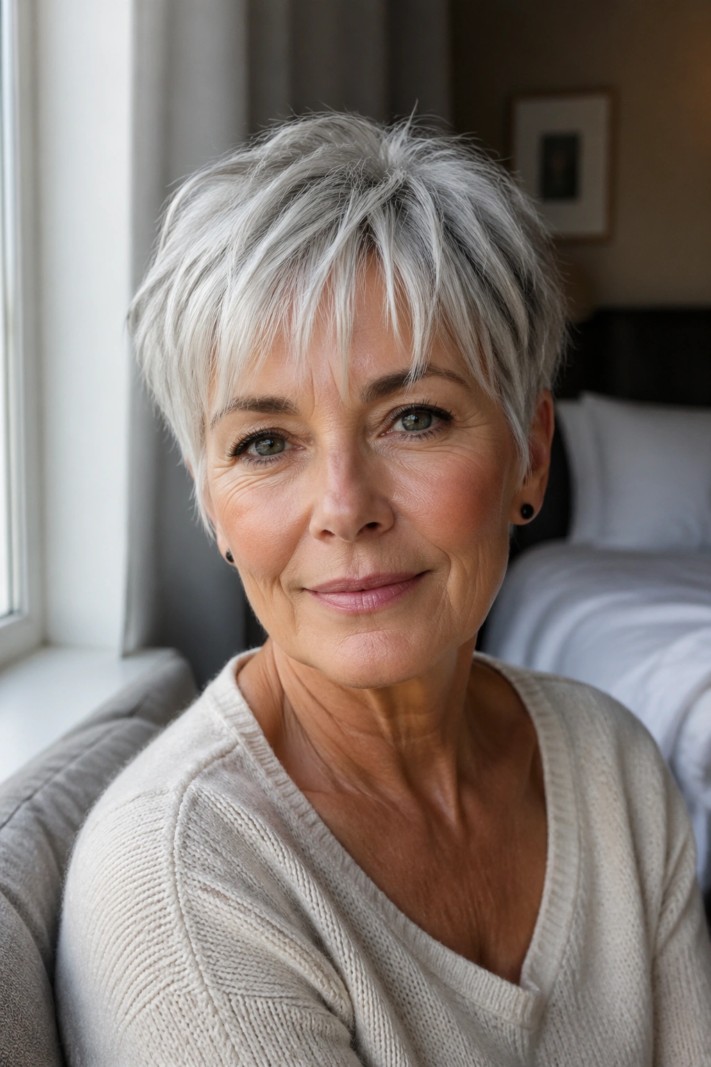 Close-up portrait of a real woman with wispy bangs pixie hairstyle