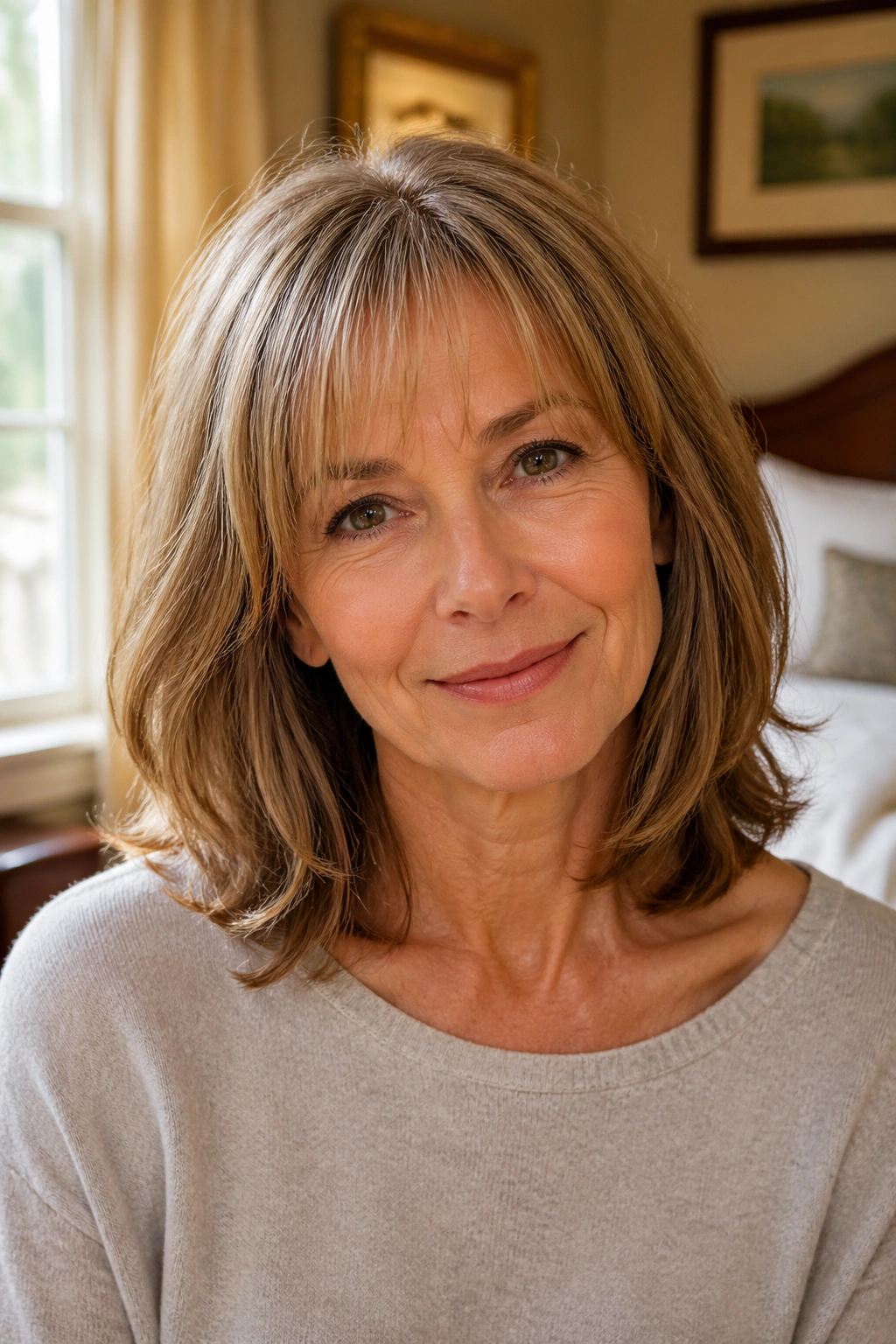 Portrait of a real woman with wispy bangs and shoulder-length hair