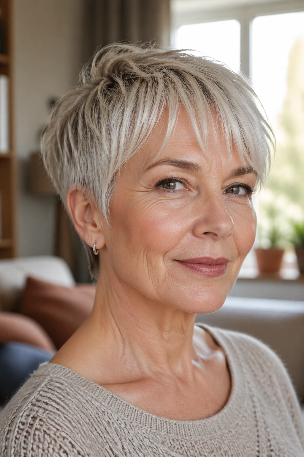 Close-up portrait of an older woman with a wispy fringe crop in warm window light