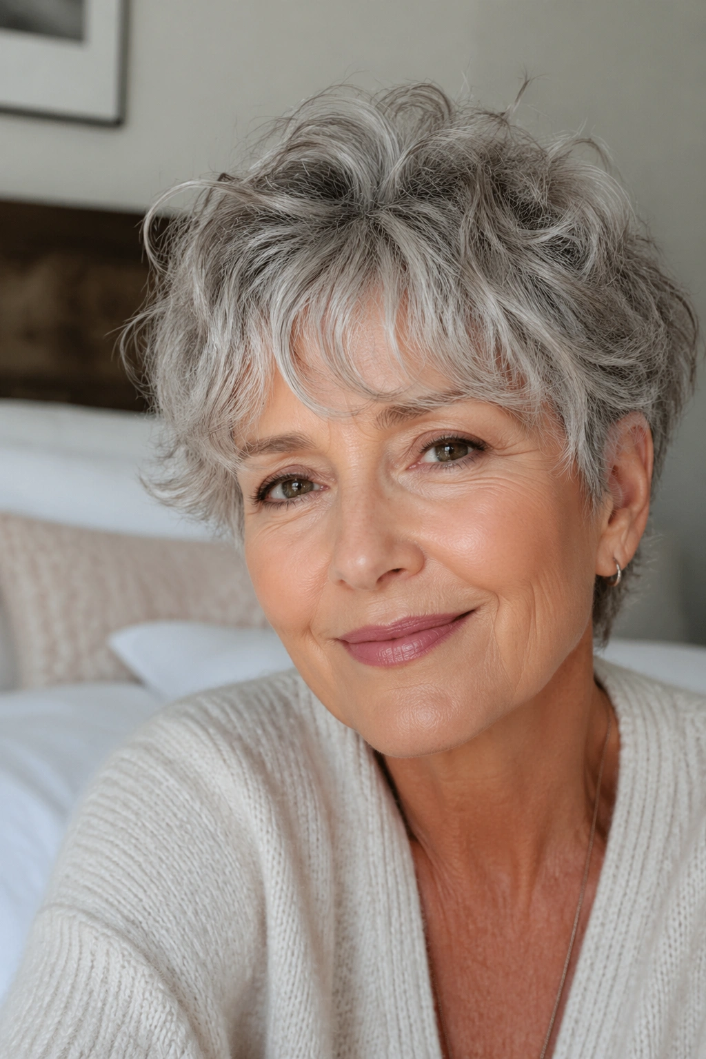Close-up portrait of a real woman with wispy fringe crop