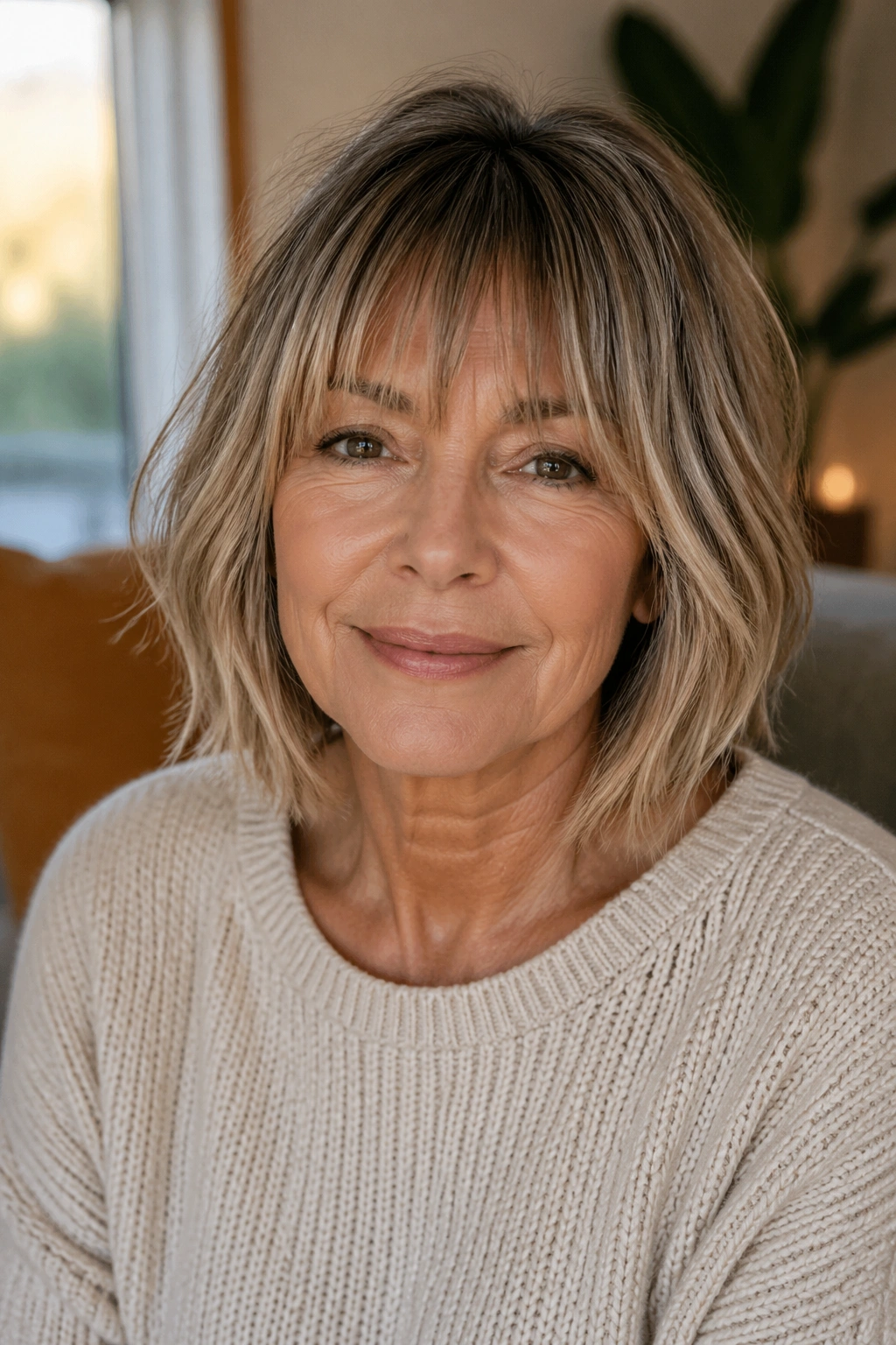Close-up portrait of a real woman with a wispy fringe grazing the brows in a lob.