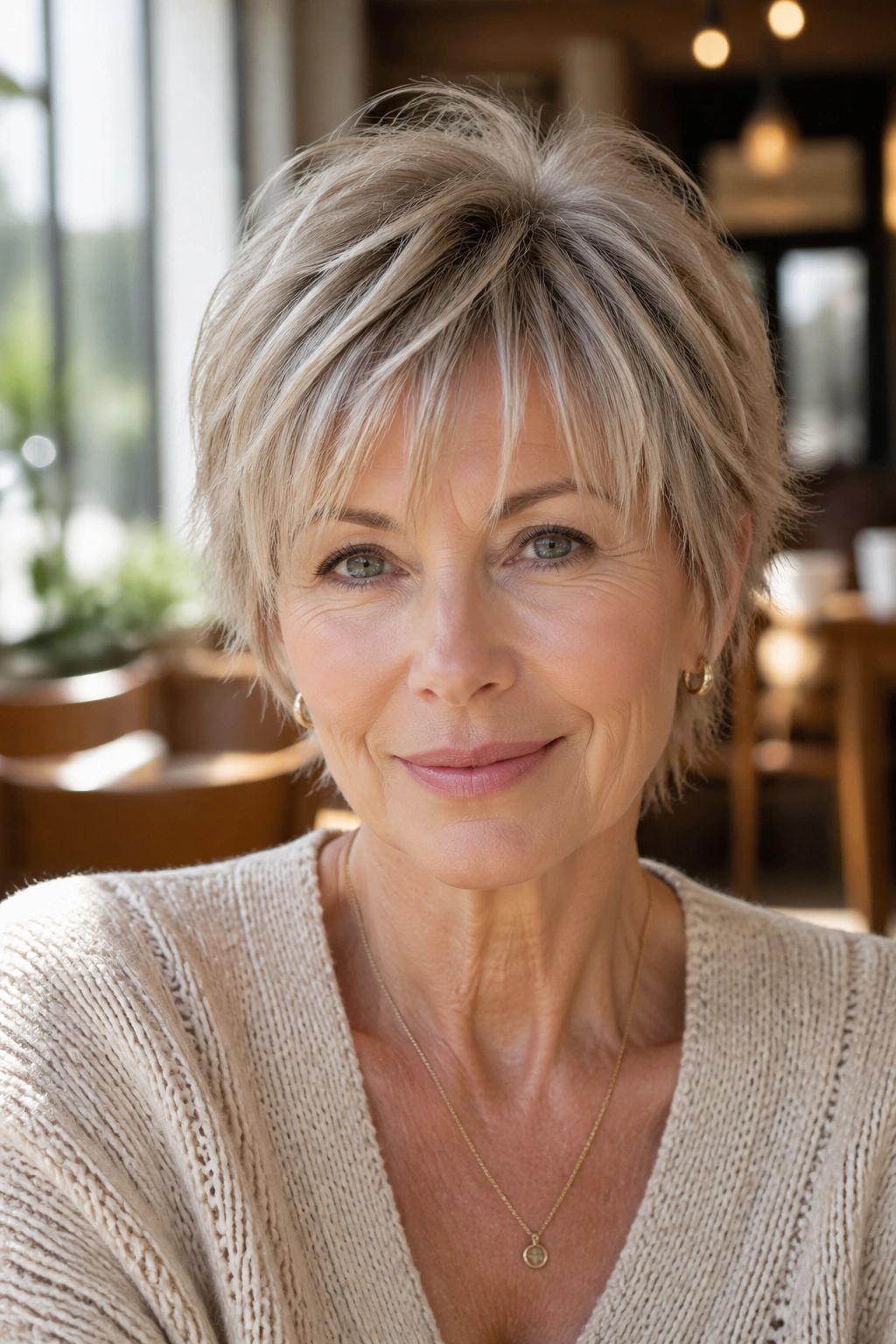 Portrait of a woman with a short cut and wispy fringe.