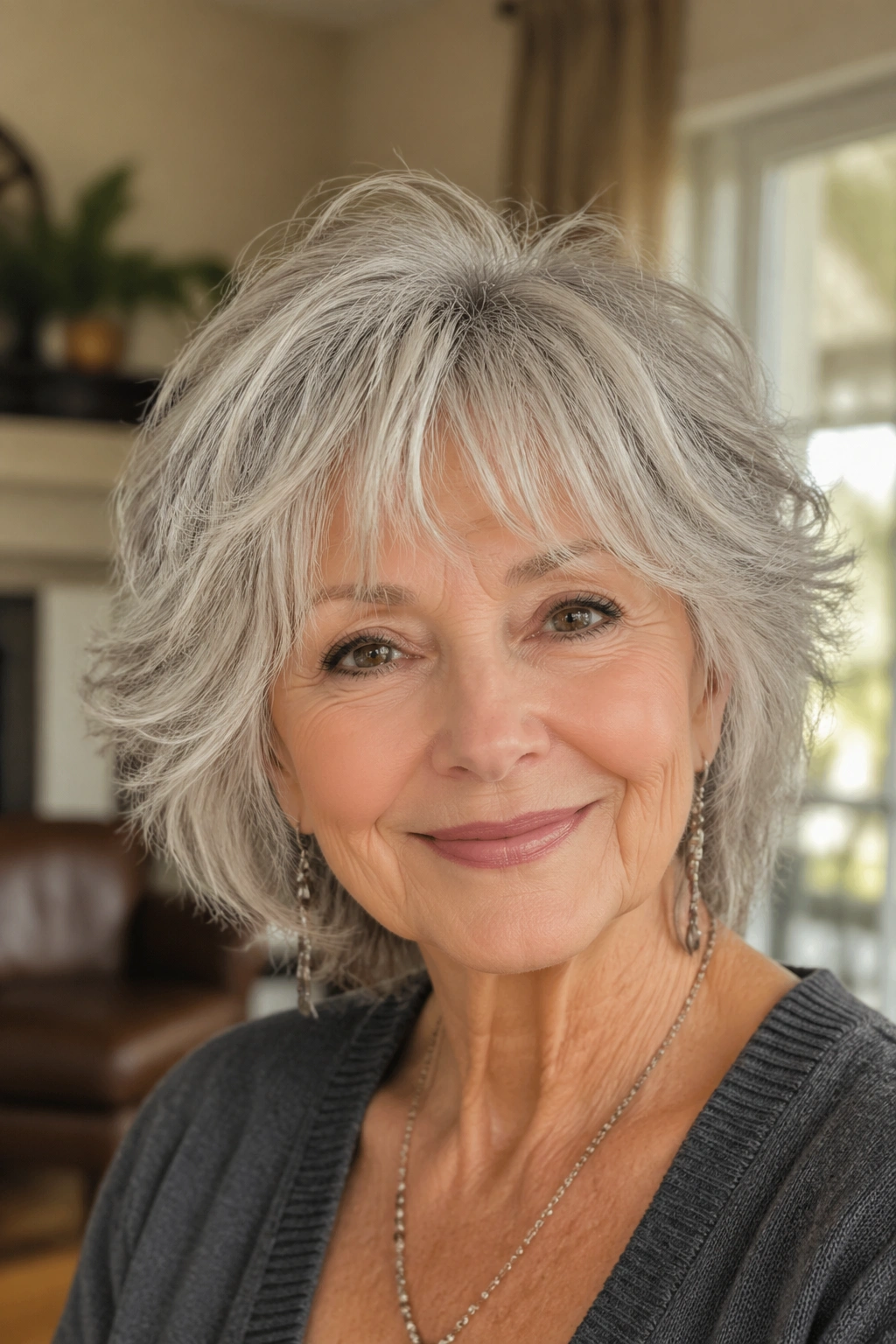 Close-up portrait of a real woman with wispy shag and feathered bangs, textured layers and soft movement