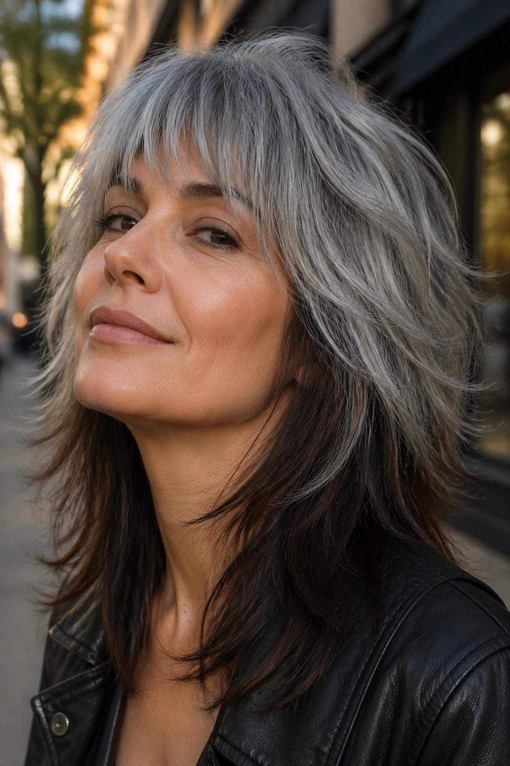 Real person with a wolf cut showing deep brown interior layers against an urban golden-hour background
