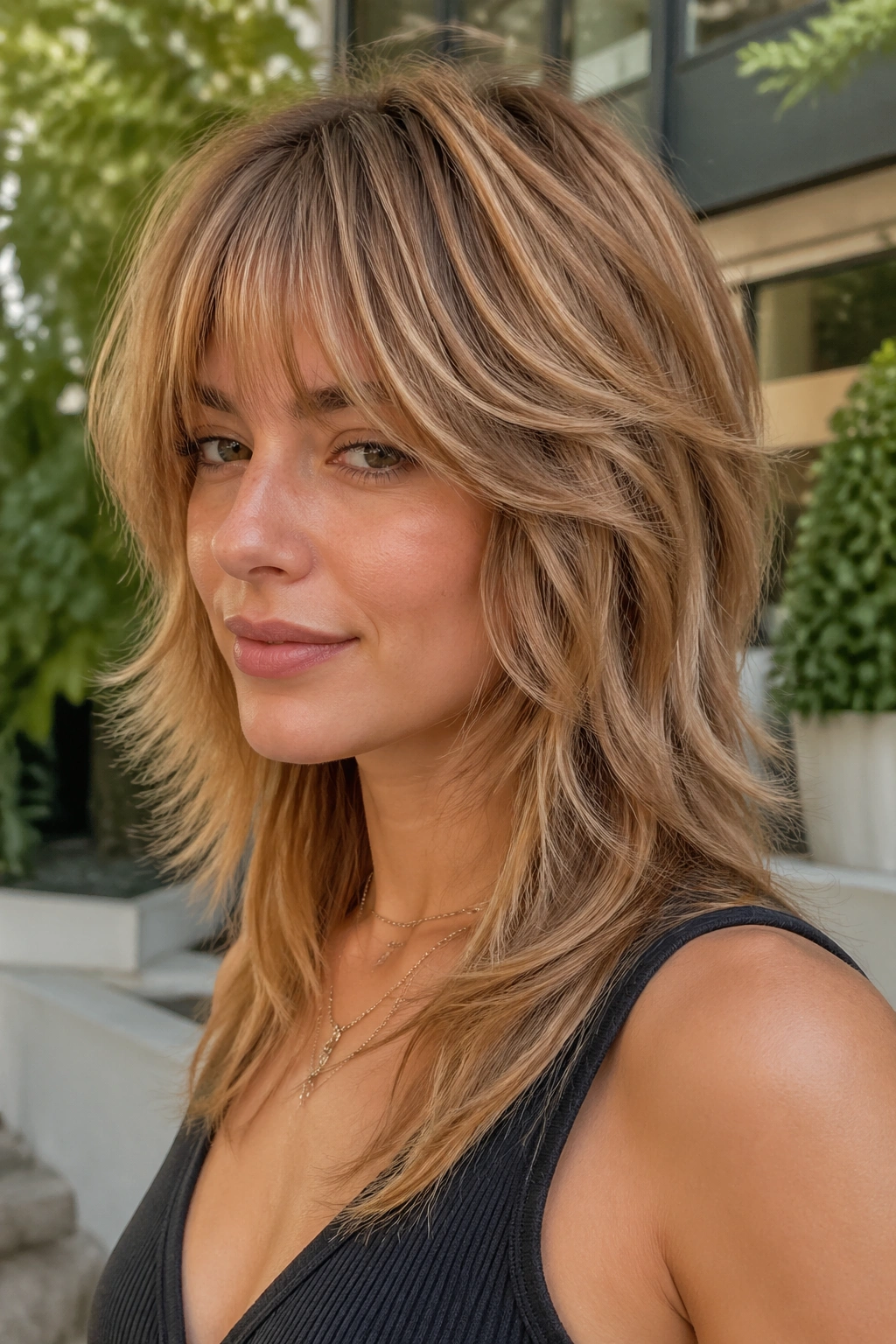 Close-up of real woman with wolf cut and feathered ends in honey blonde