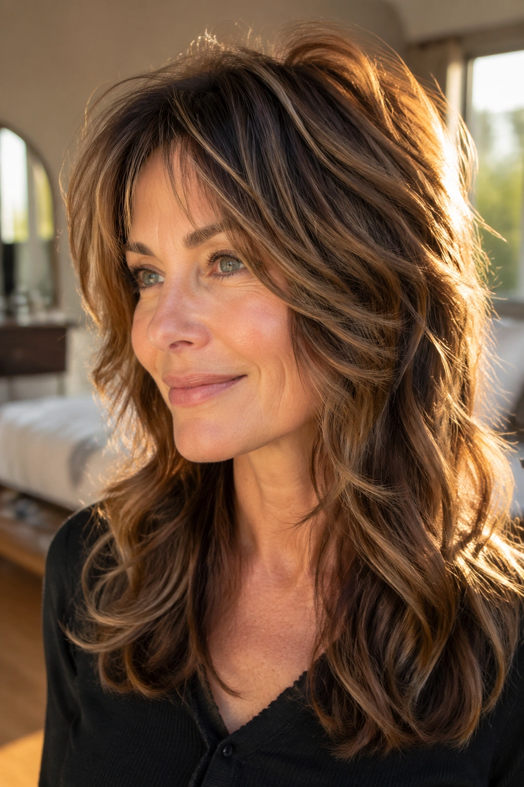 Close-up portrait of a woman with a wolf cut with soft edges and textured waves
