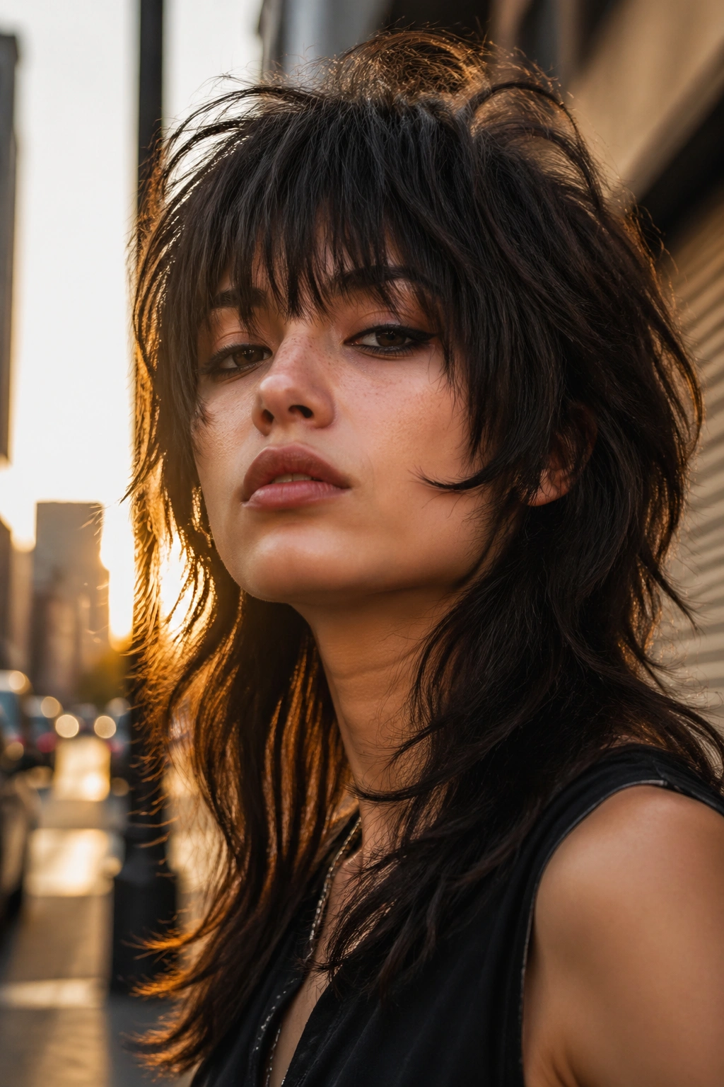 Close-up of a woman with a dramatic wolf-cut shag and heavy fringe