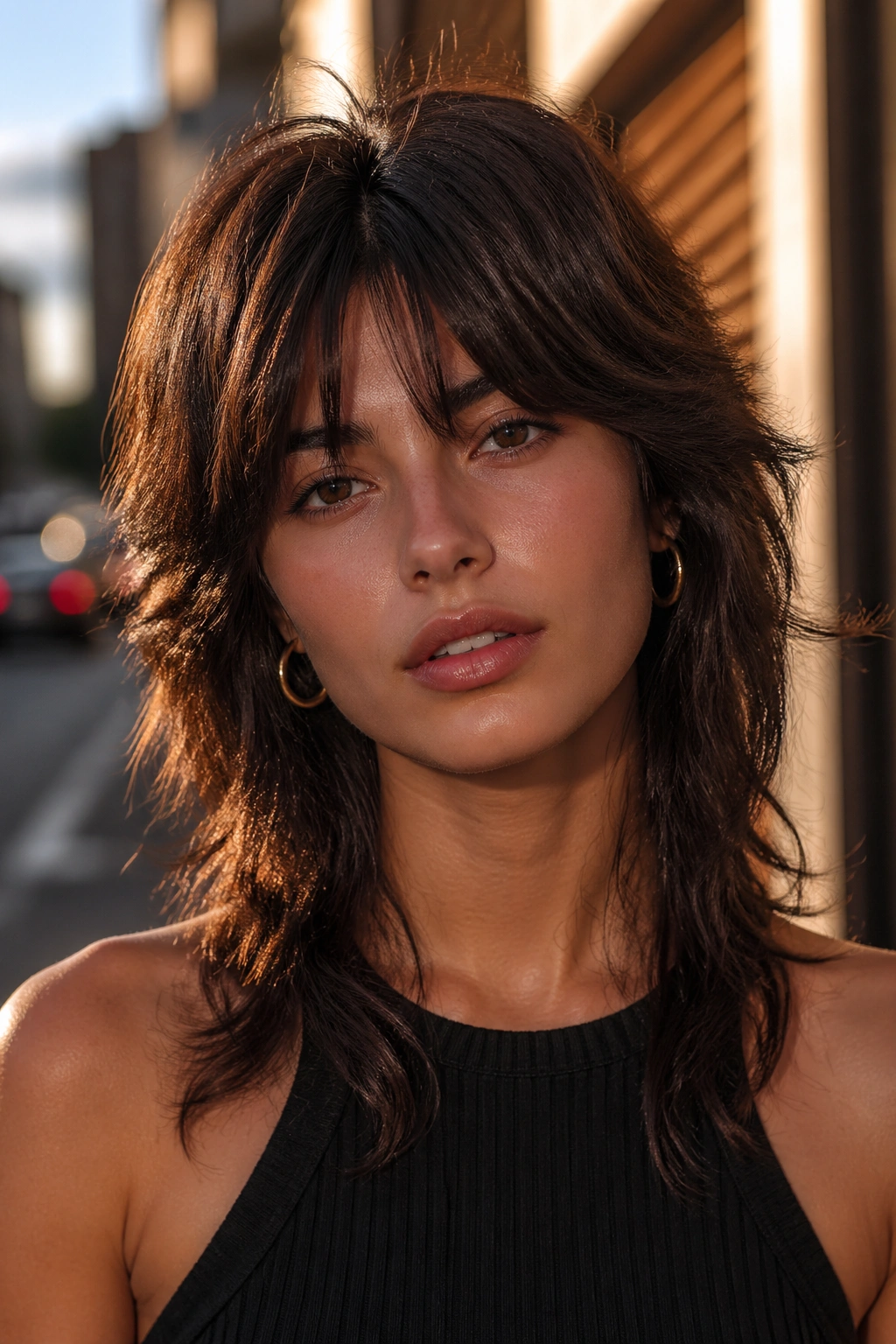 Close-up of a woman with a chocolate brown wolf cut in golden hour street light