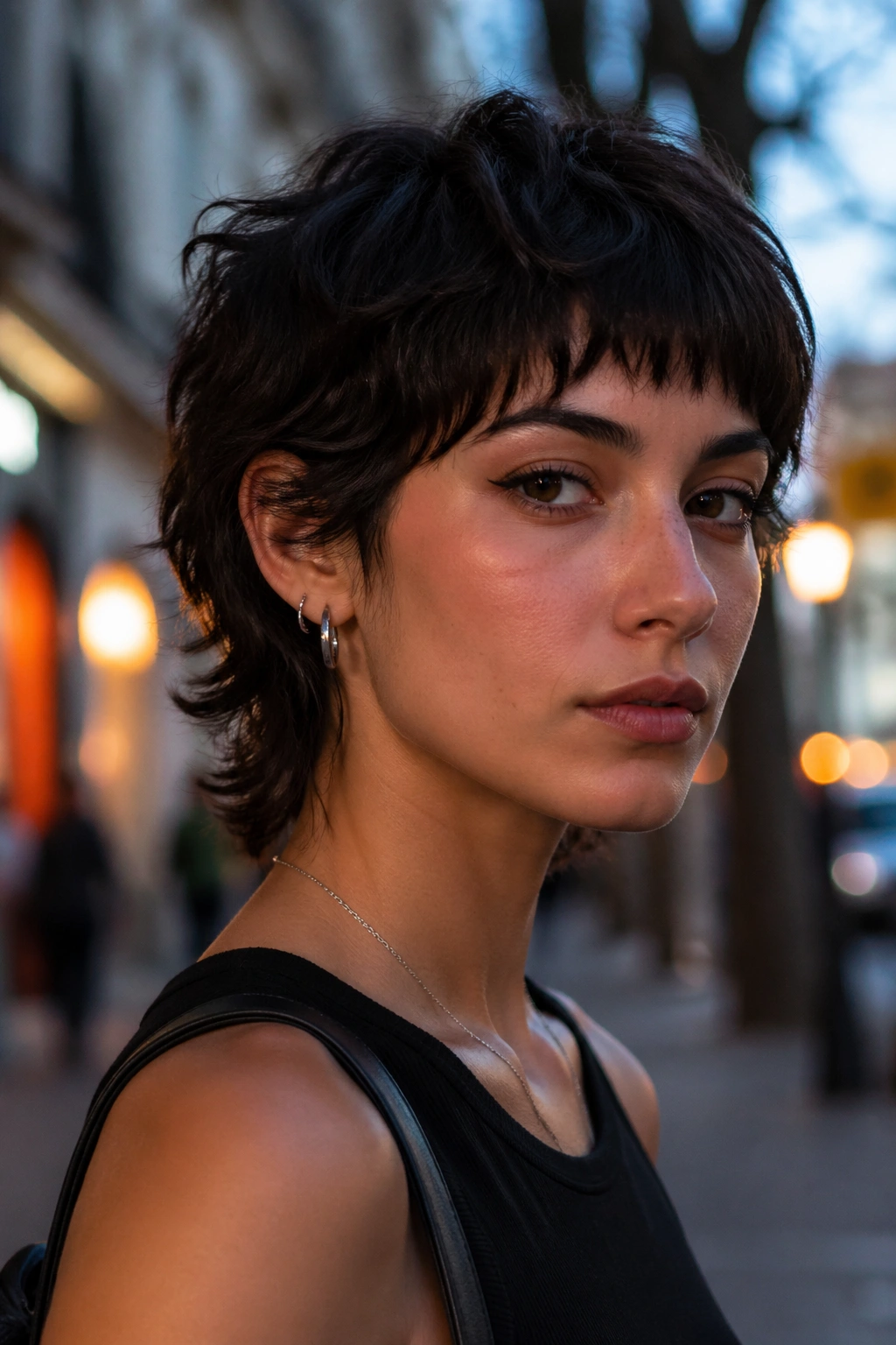Close-up portrait of a real person with a wolf cut crop on textured hair