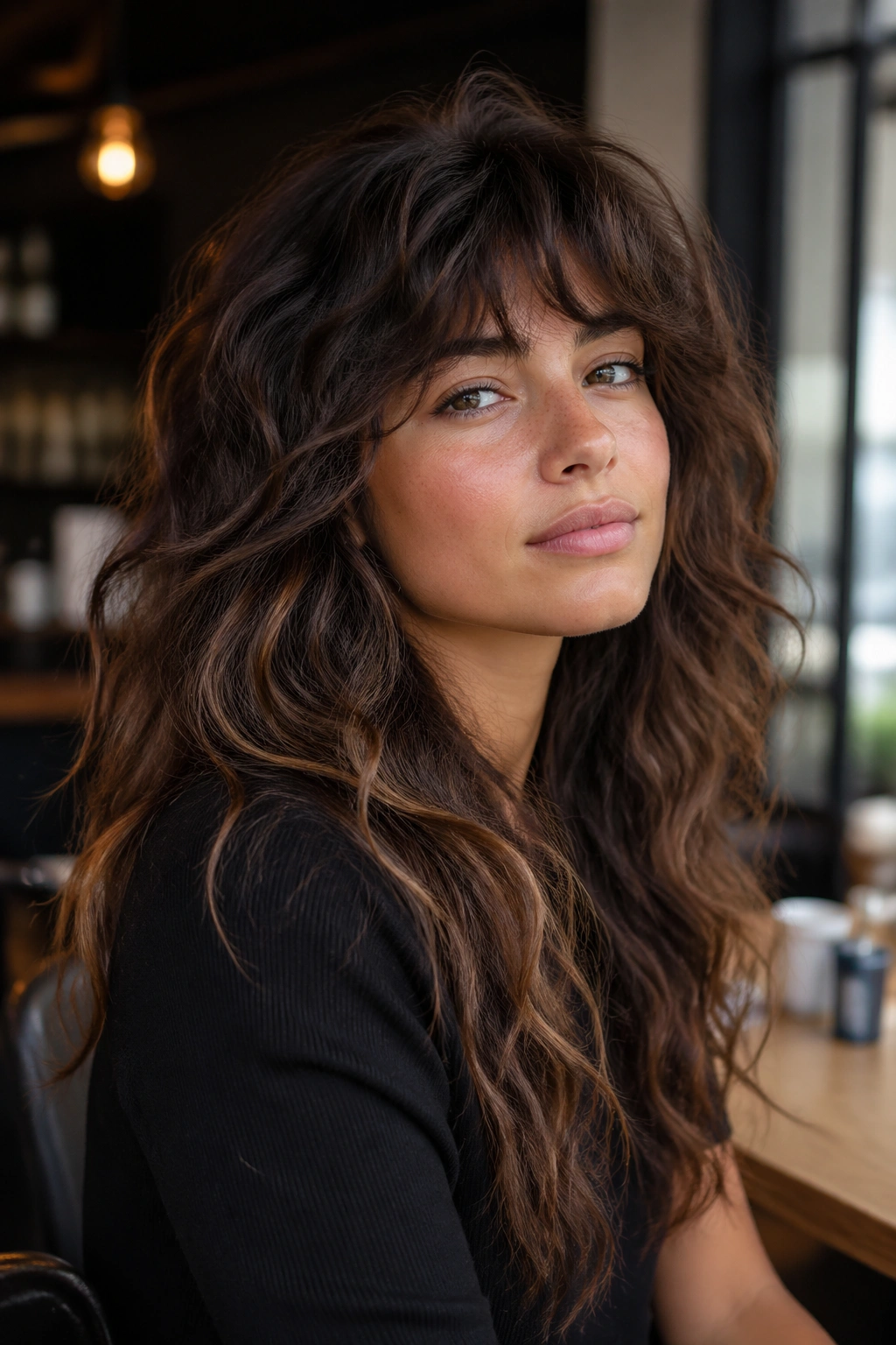 Portrait of a real woman with a wolf cut showing layered crown and longer perimeter in a cafe setting.