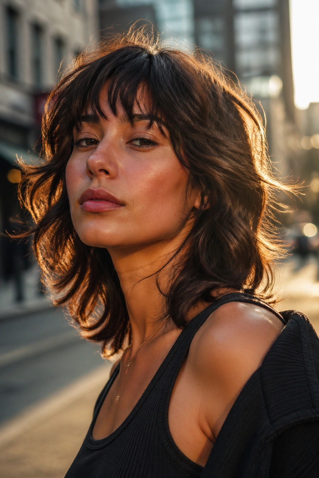Close-up of a real woman with a wavy wolf cut on an urban street at golden hour