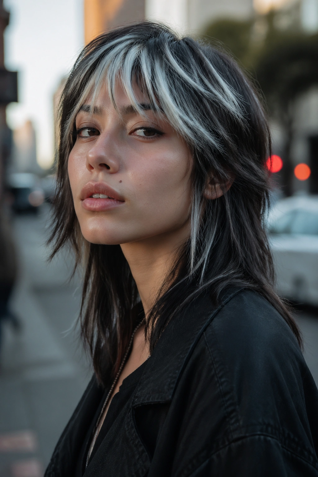 Close-up of a real woman with white highlights on a wolf cut