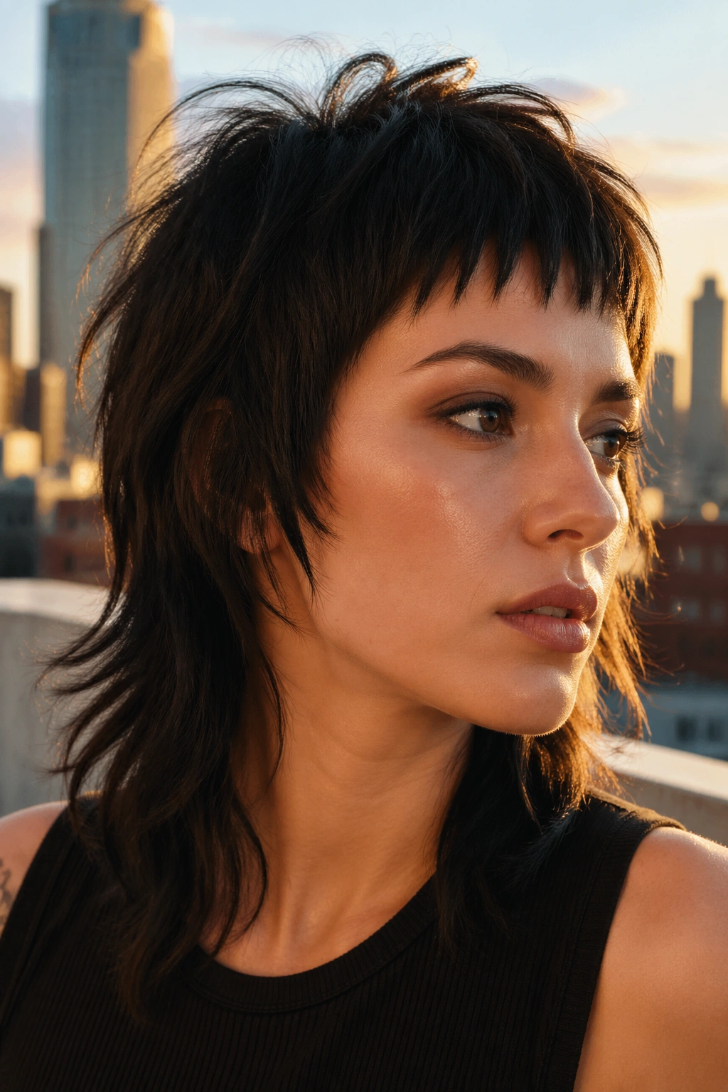 Portrait of a person with razor-cut wolf shag and micro fringe on a rooftop at golden hour