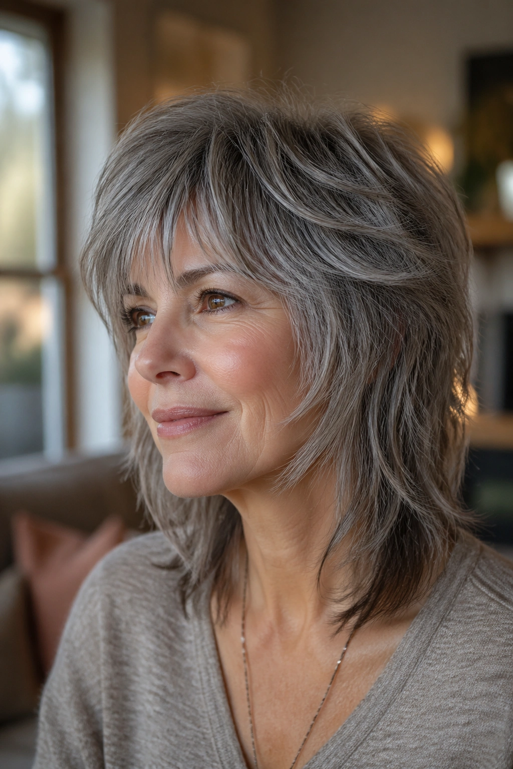 Close-up of real woman with soft wolf shag hairstyle