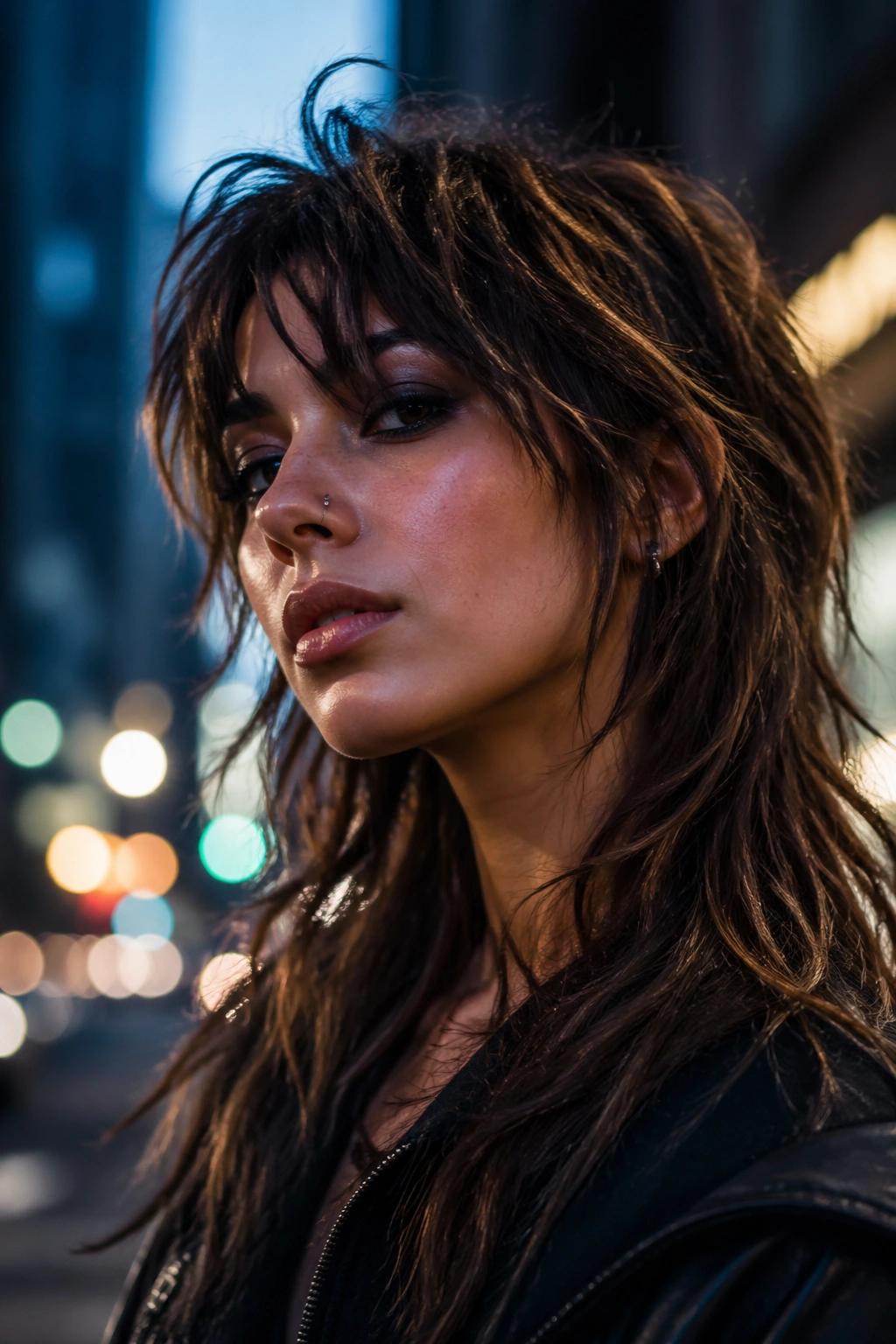 Close-up of a real woman with choppy wolf-style shag and loose fringe on an urban street at dusk