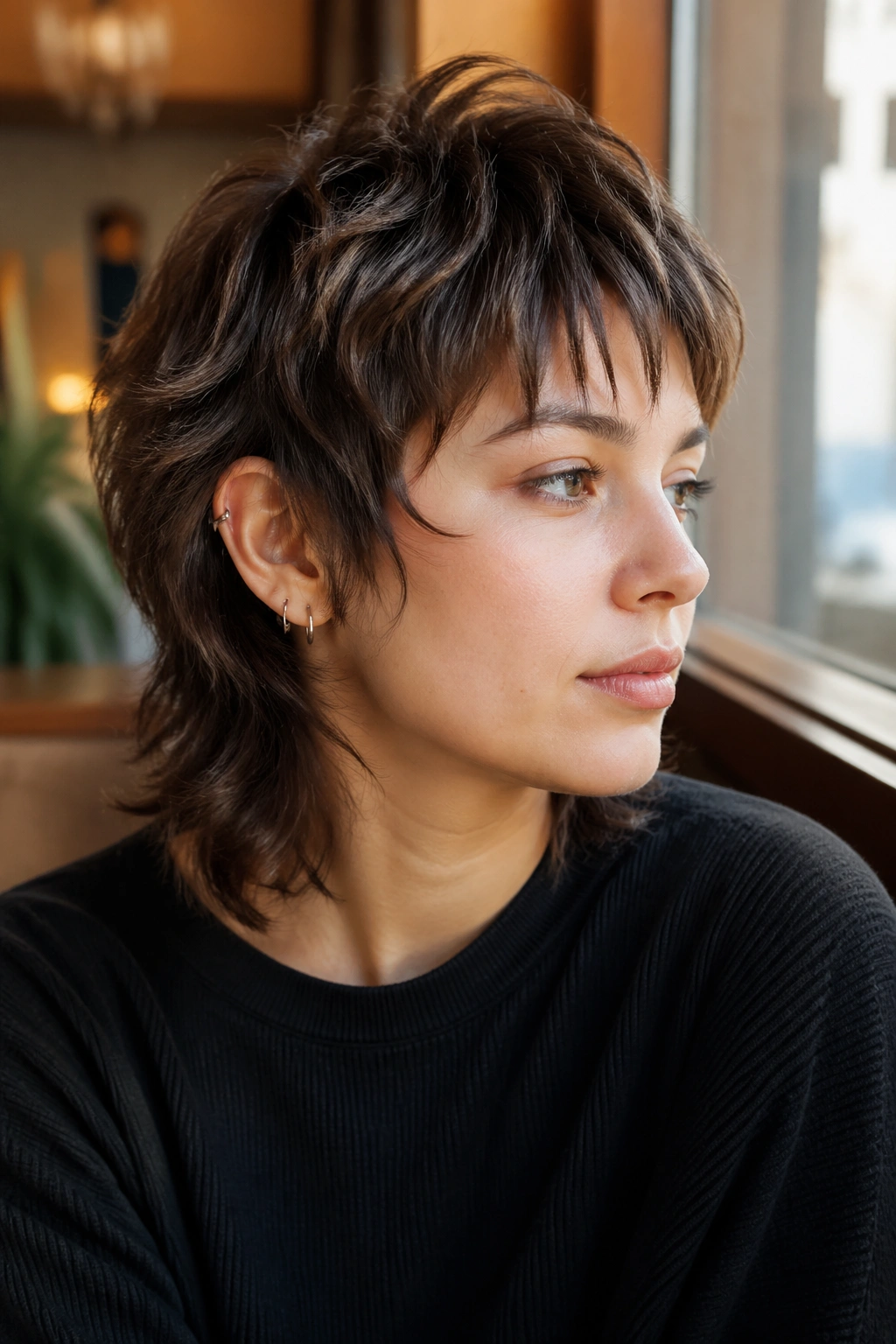Close-up of a real person with soft wolfish pixie mullet, feathered back and broken fringe.