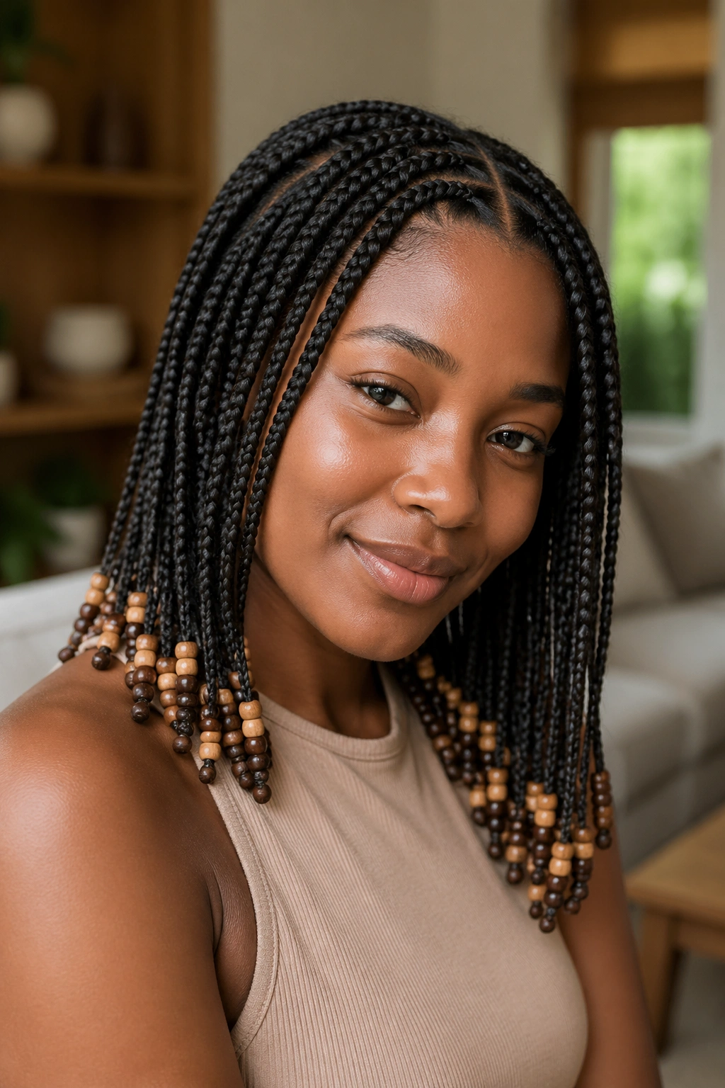 Close-up of a real person's knotless braids with wood beads and a soft middle part