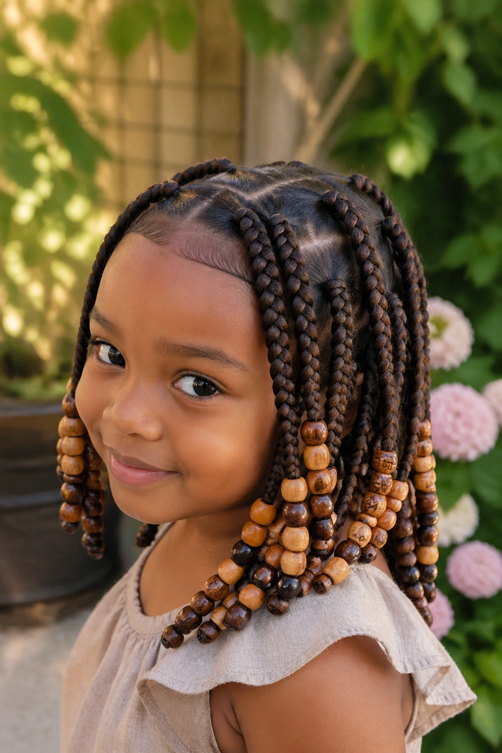 Close-up of a real child wearing jumbo box braids with wooden beads in earthy tones
