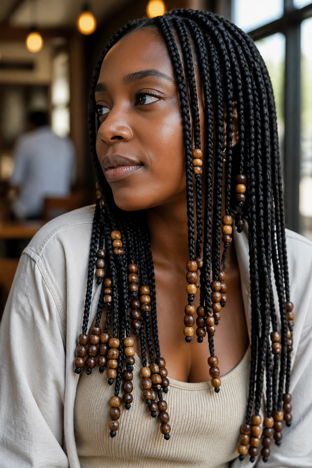 Close-up of wooden beads on knotless box braids with matte finish in cafe setting