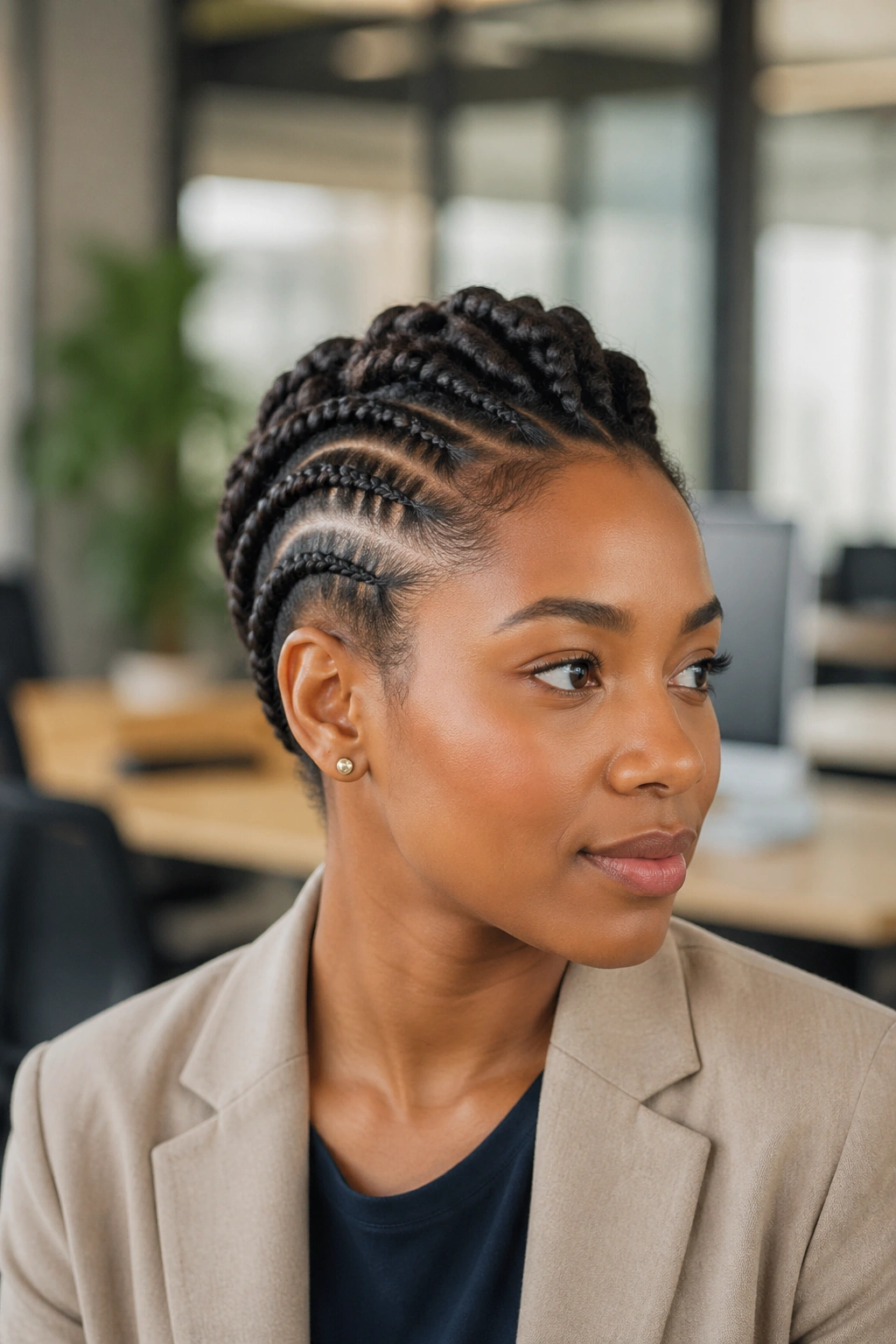 Close-up of a real Black woman with a low-profile work-friendly mohawk braid in an office setting.