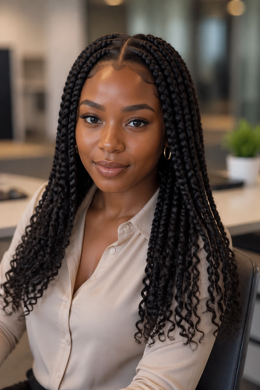 Close-up of a real woman with a clean middle-part and controlled curls.