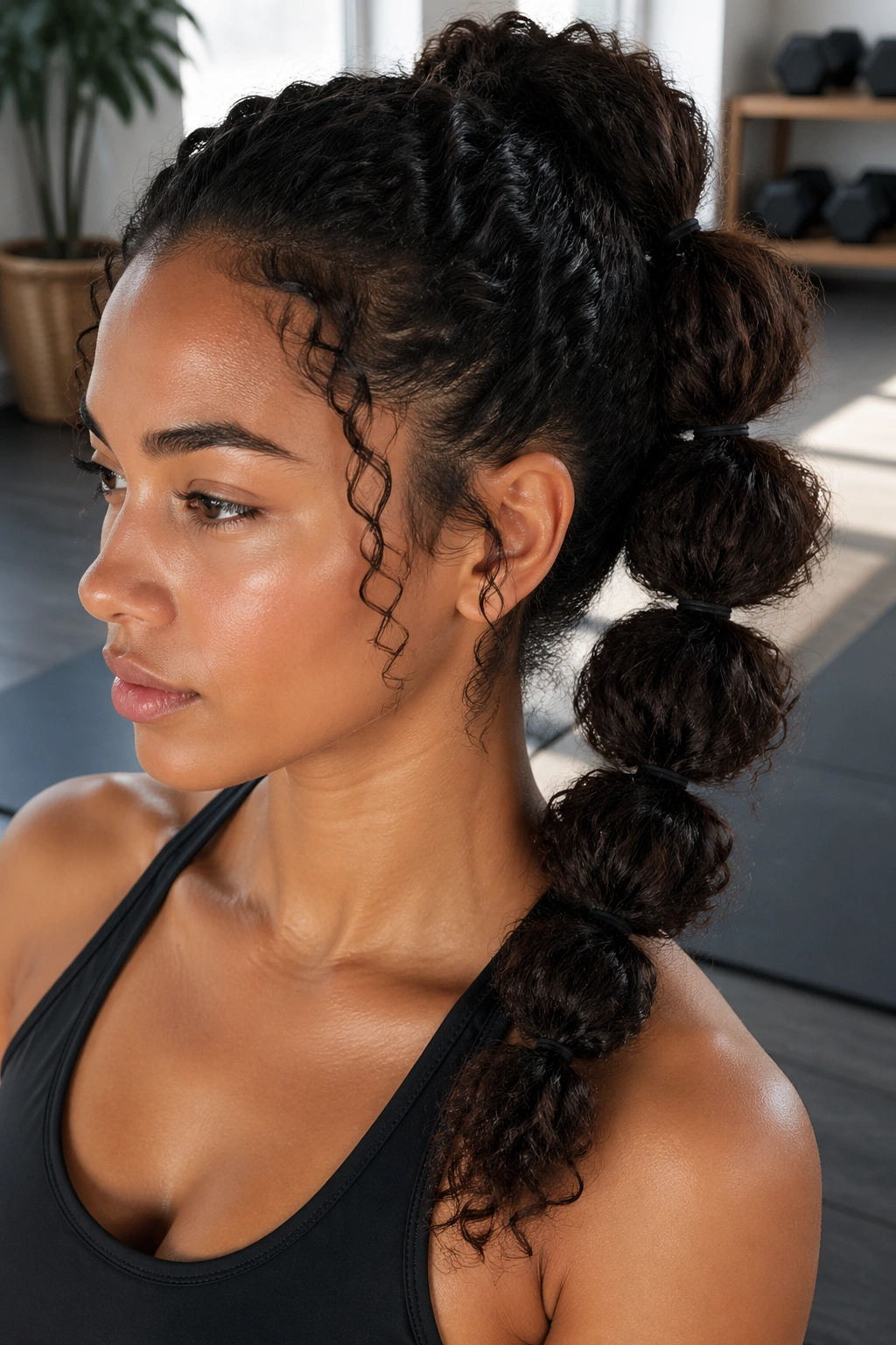 Real woman with high bubble ponytail during workout